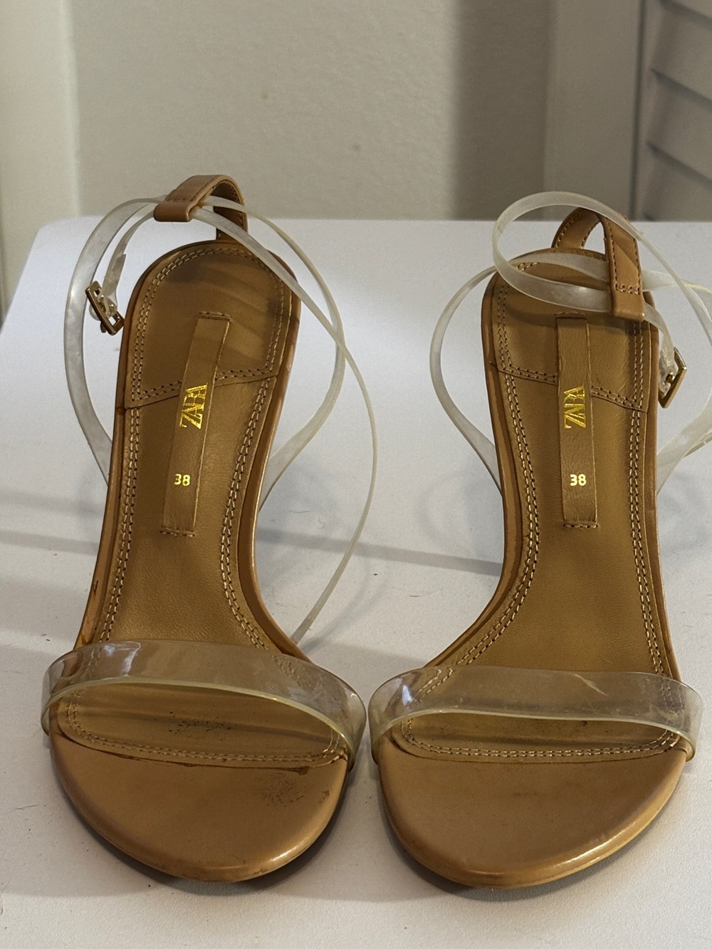 Zara Tan Heeled Sandals with Clear Straps